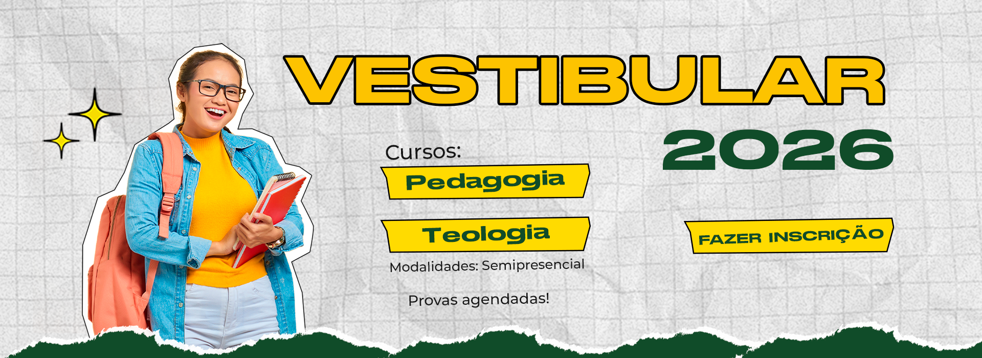Banner do Vestibular 2026 para os cursos de Pedagogia e Teologia